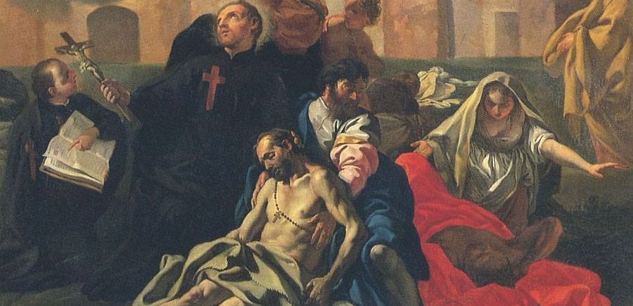 Heiliger Kamillus mit Kreuz in der Hand betet für die Kranken